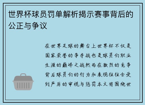 世界杯球员罚单解析揭示赛事背后的公正与争议